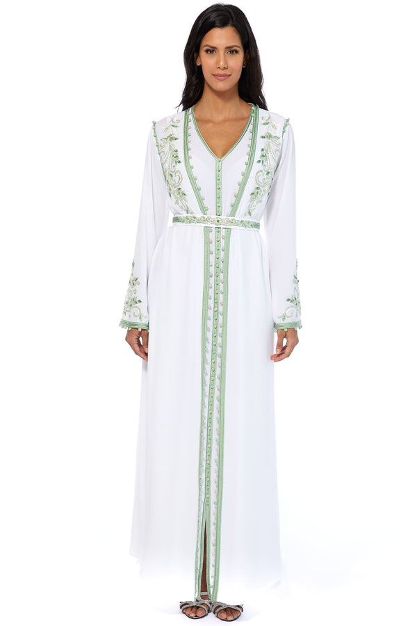 White, Light Green Moroccan Kaftan – ELM M 566 – Product view 1