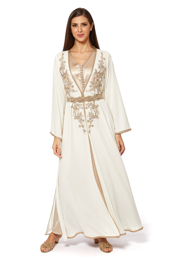 White, Beige, Cream Moroccan Kaftan – ELM M 483 – Product view 1