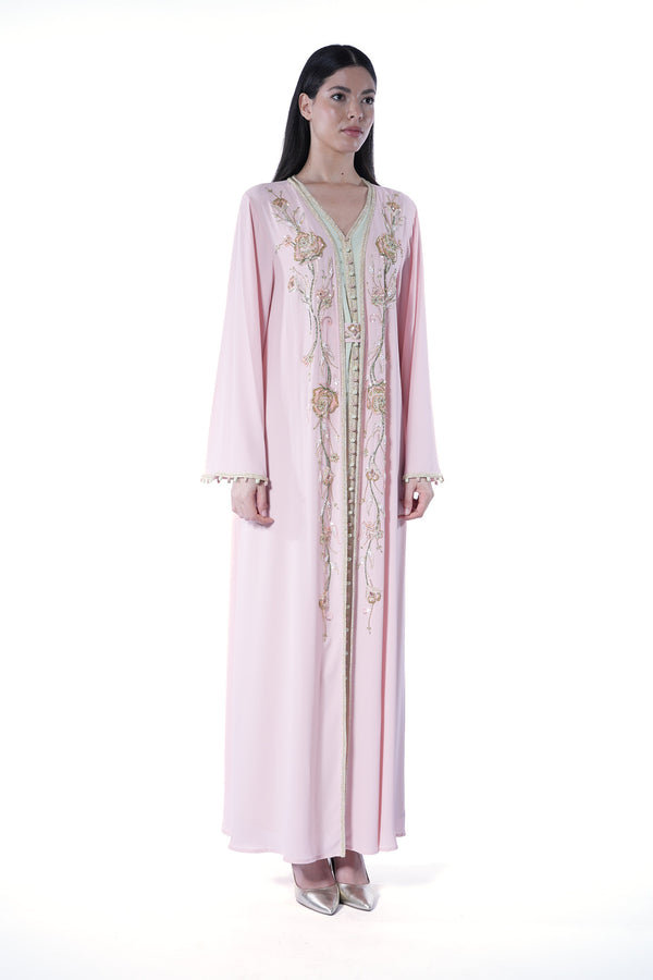 Light Pastel Peach, Light Green Moroccan Kaftan – ELM M 614 – Product view 1