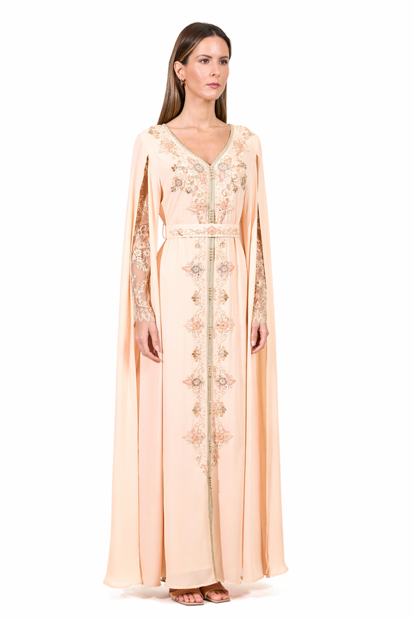 قفطان مغربي بنقوش زهرية بياقة V باللون الأخضر – ELM M 670