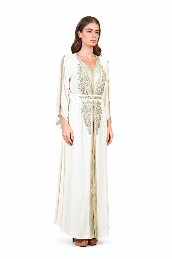 Off White, Light Green Moroccan Kaftan – ELM  M 661 – Product view 1
