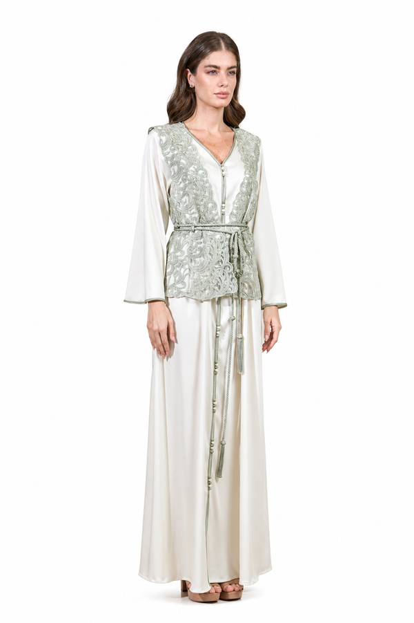 Off White, Green Moroccan Kaftan – ELM M 664 – Product view 1