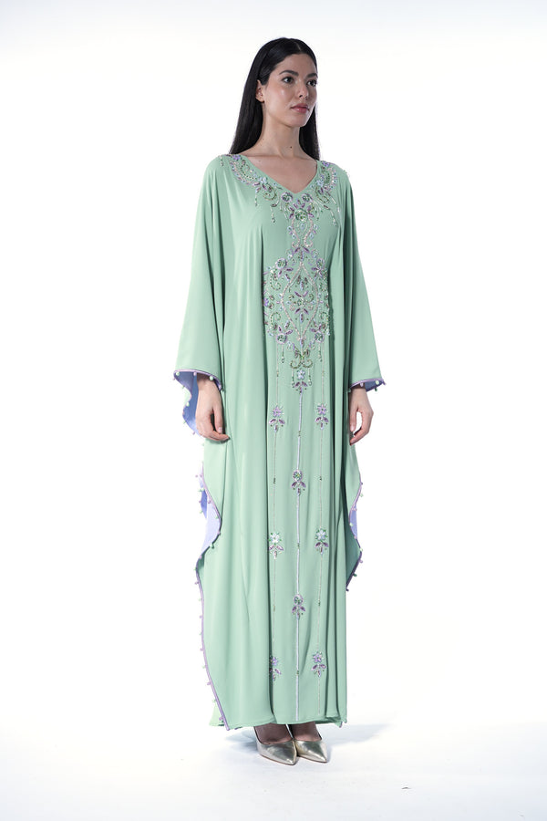 Floral, Green, Geometric, White, Purple Moroccan Kaftan – ELM M 623 – Product view 1