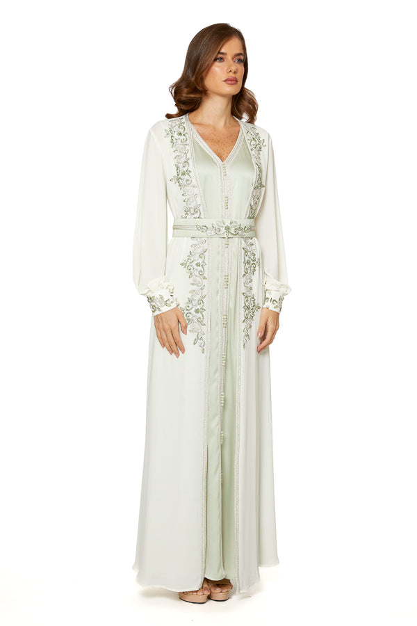 Pastel Green, Off White Moroccan Kaftan – ELM M 631 – Product view 1