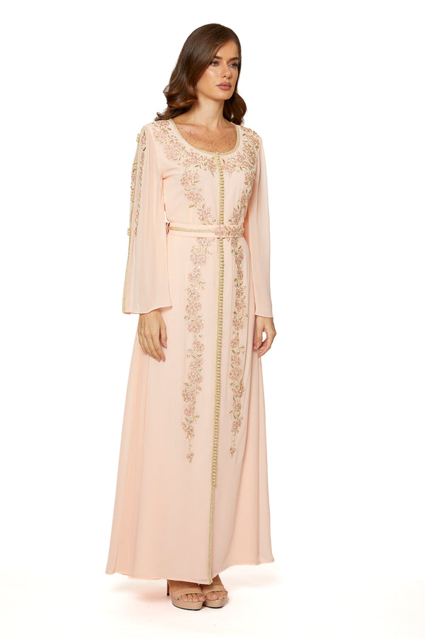 Floral, Geometric, Peach Moroccan Kaftan – ELM M 599 – Product view 1