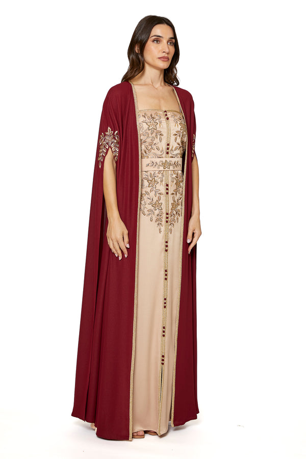 Beige, Maroon Moroccan Kaftan – ELM M 621 – Product view 1